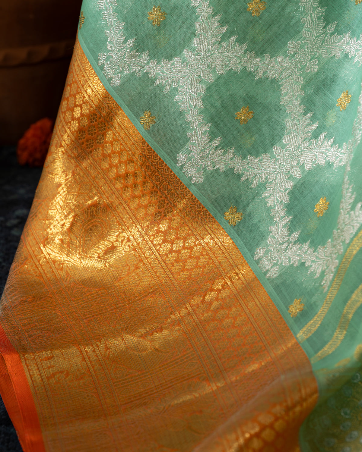 Teal Blue Kanchippuram Kora With Silver Zari Weaving
