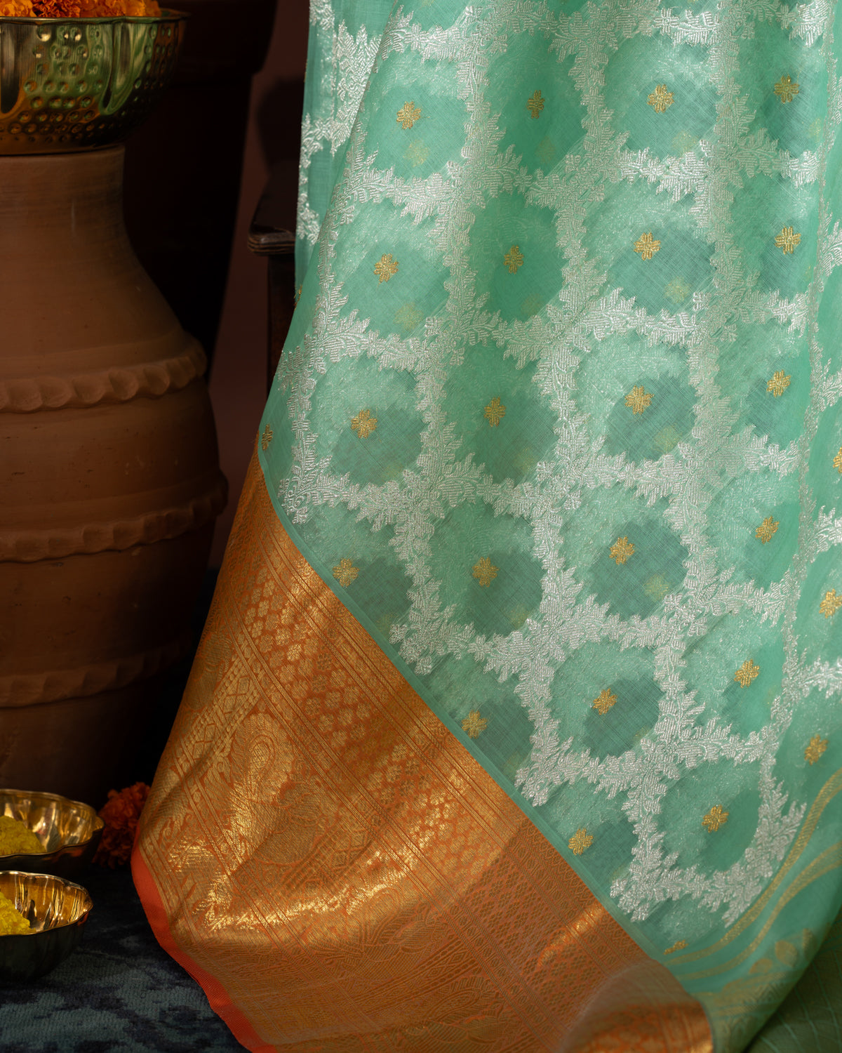 Teal Blue Kanchippuram Kora With Silver Zari Weaving