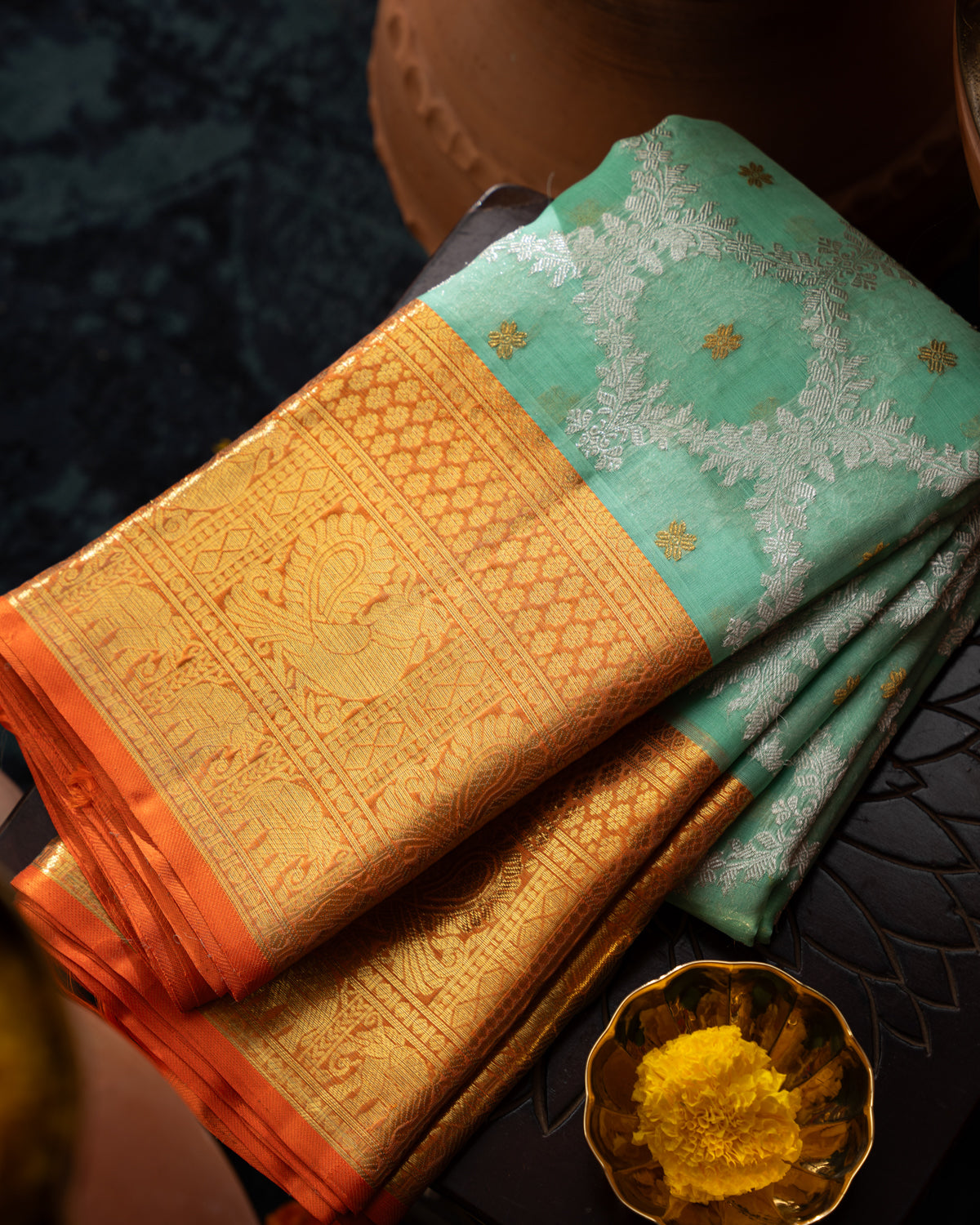 Teal Blue Kanchippuram Kora With Silver Zari Weaving