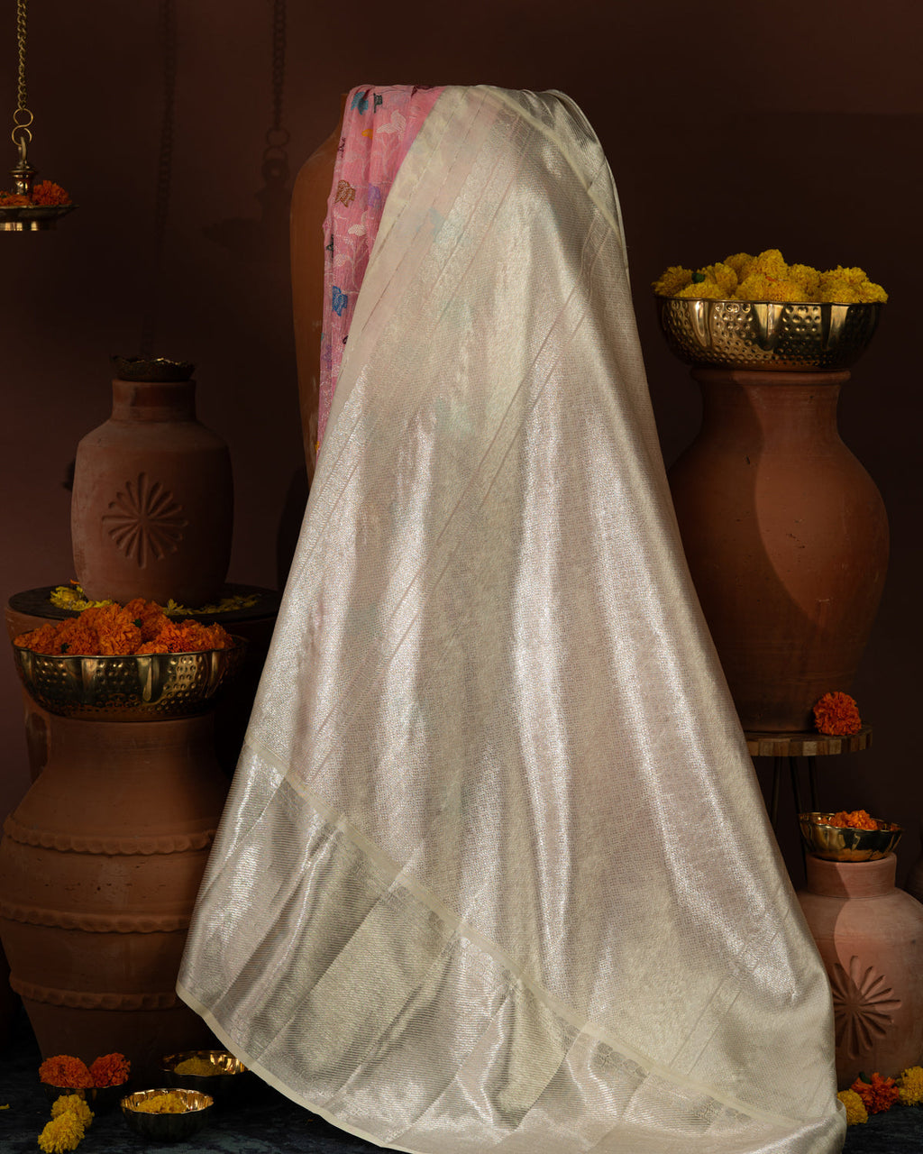 Pink Kanchipuram Kora Silk With Minakari Jaal Weaves