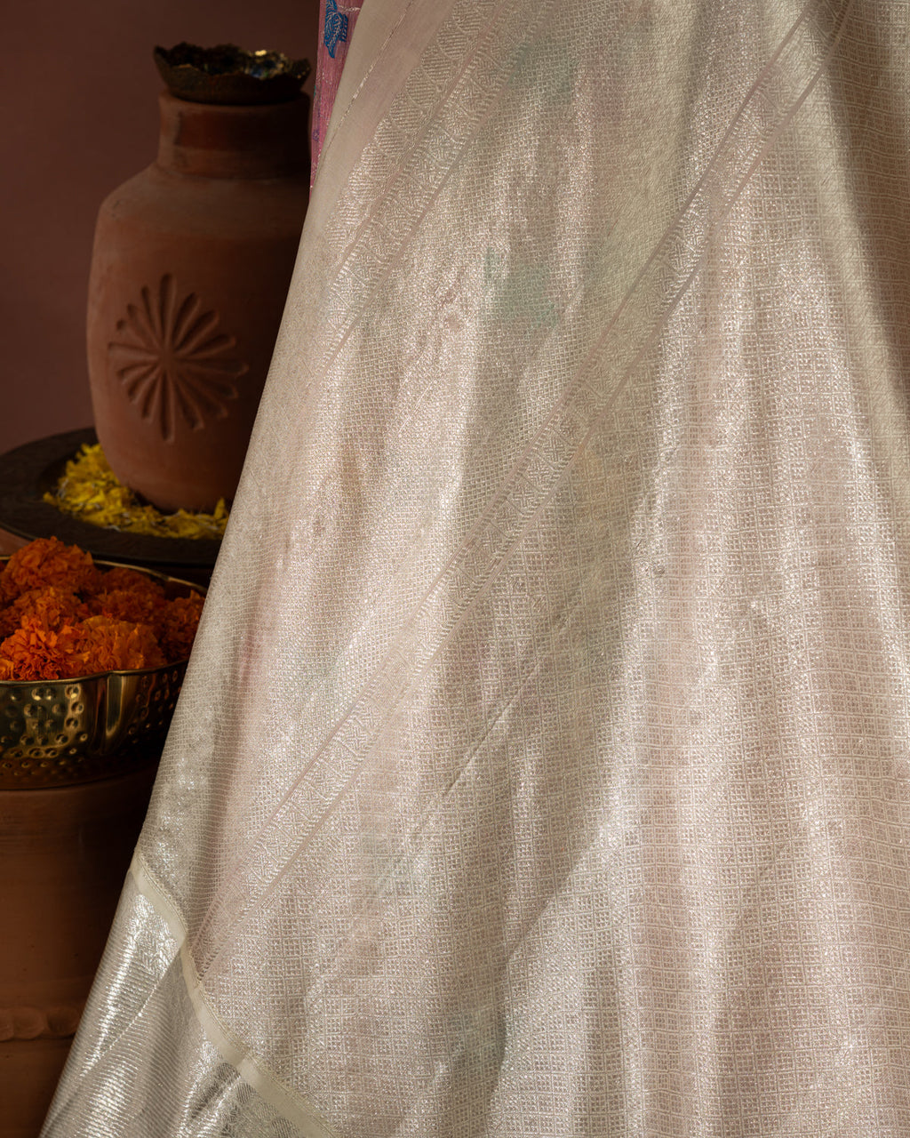 Pink Kanchipuram Kora Silk With Minakari Jaal Weaves