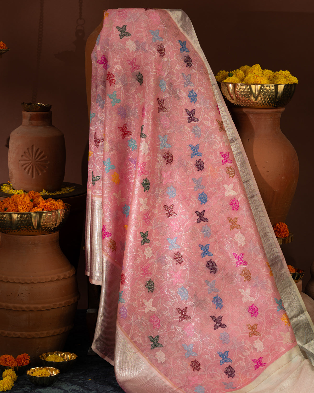 Pink Kanchipuram Kora Silk With Minakari Jaal Weaves
