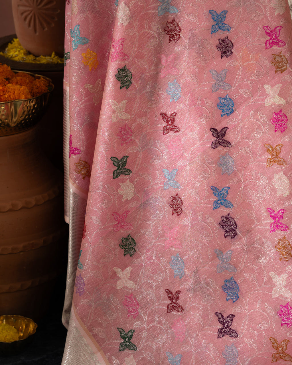 Pink Kanchipuram Kora Silk With Minakari Jaal Weaves