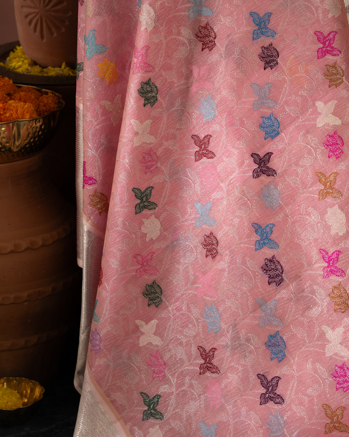 Pink Kanchipuram Kora Silk With Minakari Jaal Weaves
