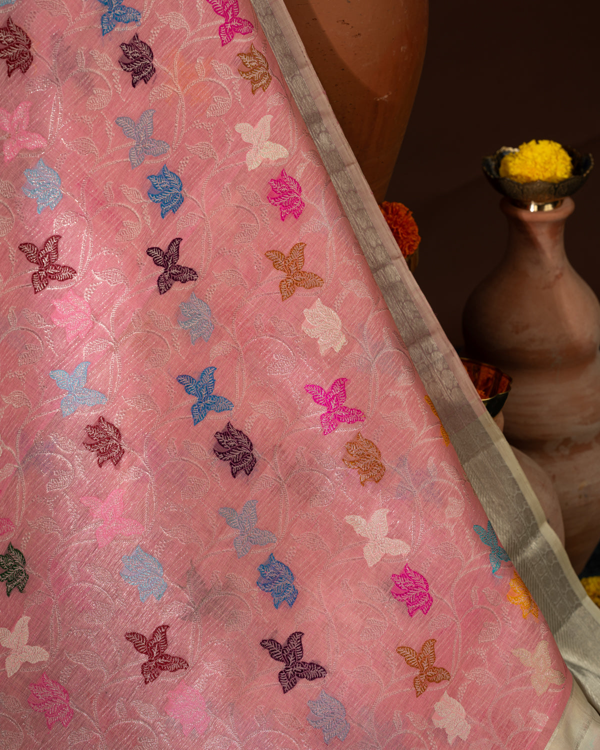 Pink Kanchipuram Kora Silk With Minakari Jaal Weaves