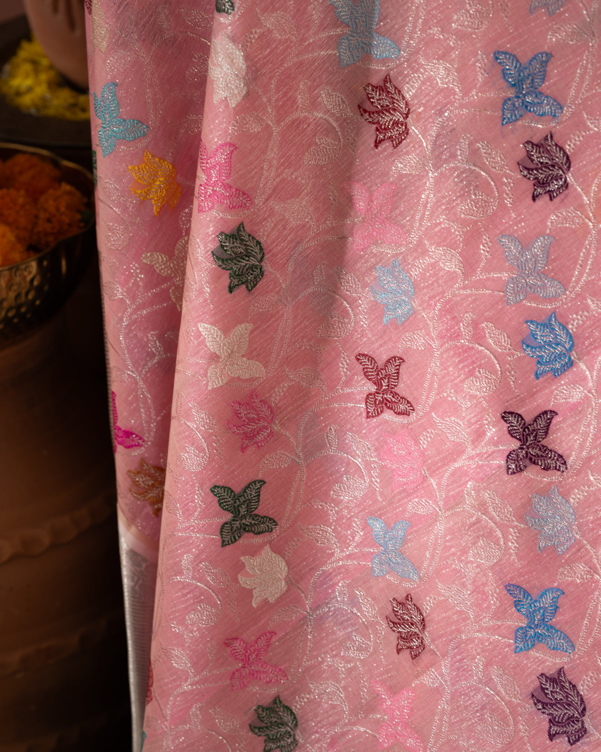 Pink Kanchipuram Kora Silk With Minakari Jaal Weaves