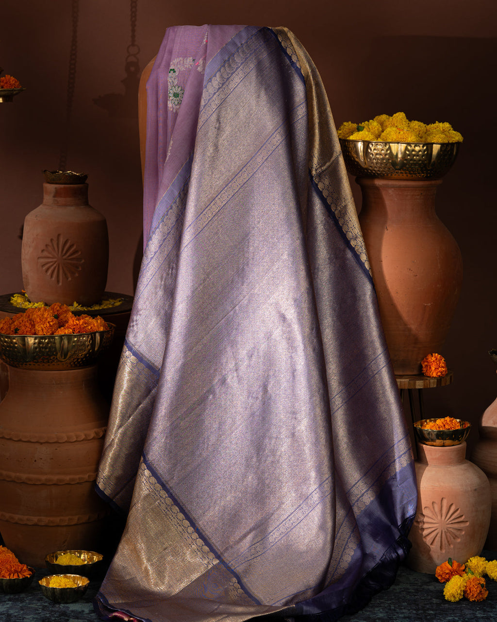 Lavender & Blue Kanchipuram Silk Saree With Silver Butta Motif