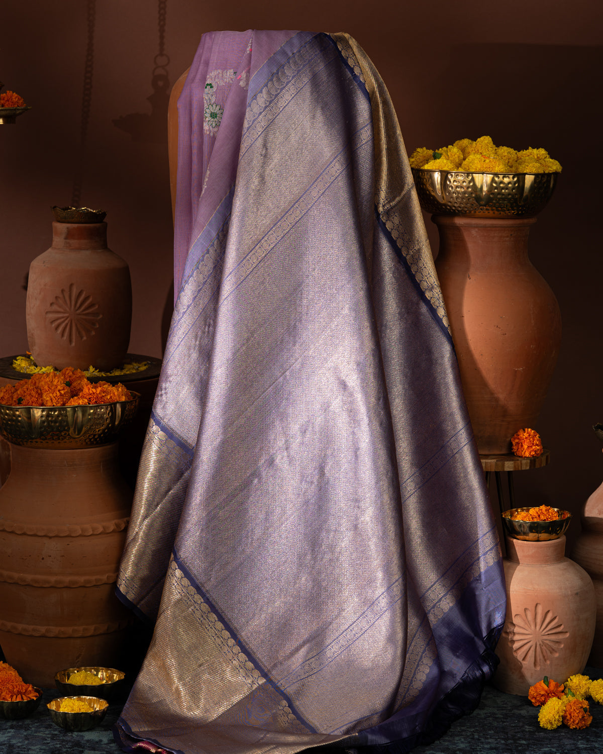 Lavender & Blue Kanchipuram Silk Saree With Silver Butta Motif