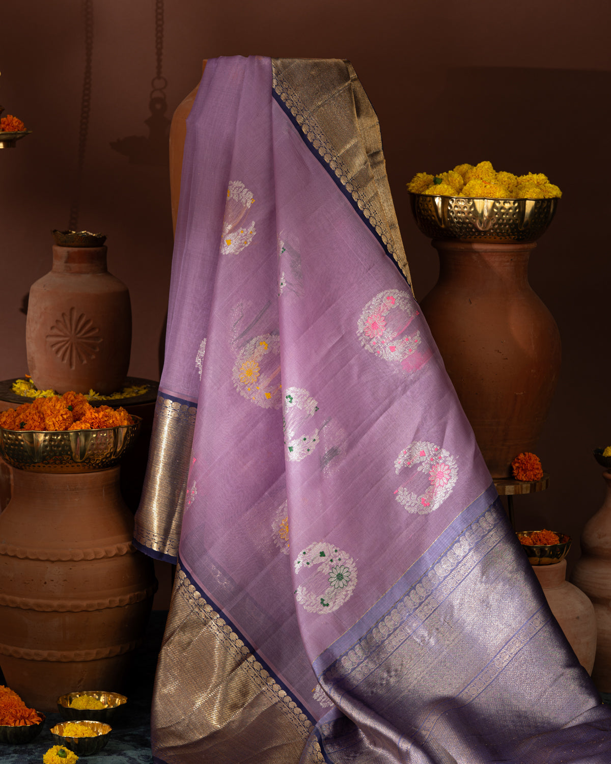 Lavender & Blue Kanchipuram Silk Saree With Silver Butta Motif