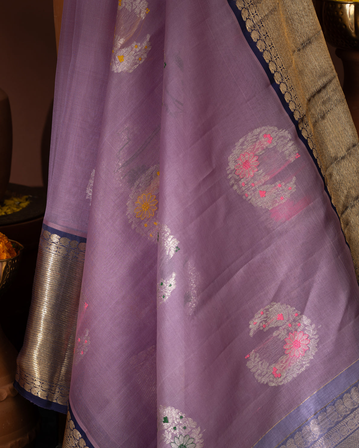 Lavender & Blue Kanchipuram Silk Saree With Silver Butta Motif