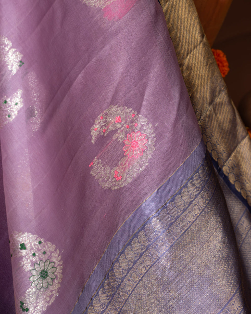 Lavender & Blue Kanchipuram Silk Saree With Silver Butta Motif