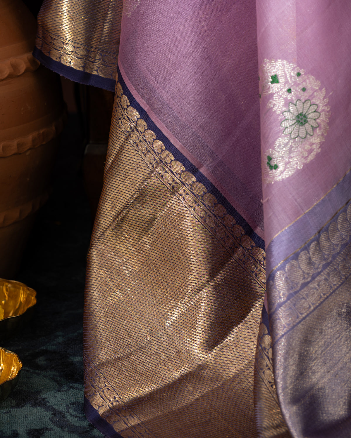 Lavender & Blue Kanchipuram Silk Saree With Silver Butta Motif
