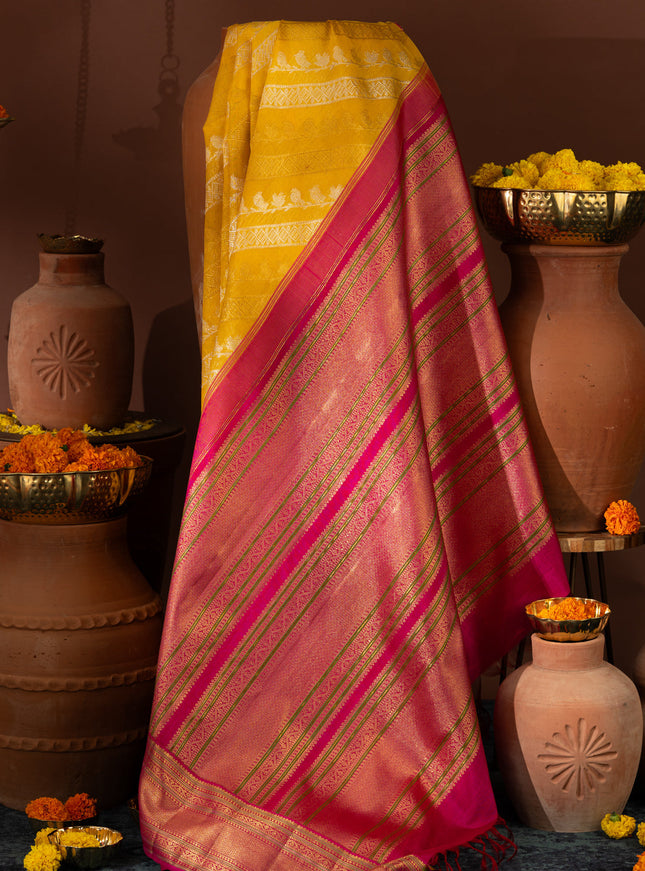 Yellow & Pink Kanchipuram Silk Saree With Silver & Gold Alternative Zari