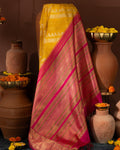 Yellow & Pink Kanchipuram Silk Saree With Silver & Gold Alternative Zari