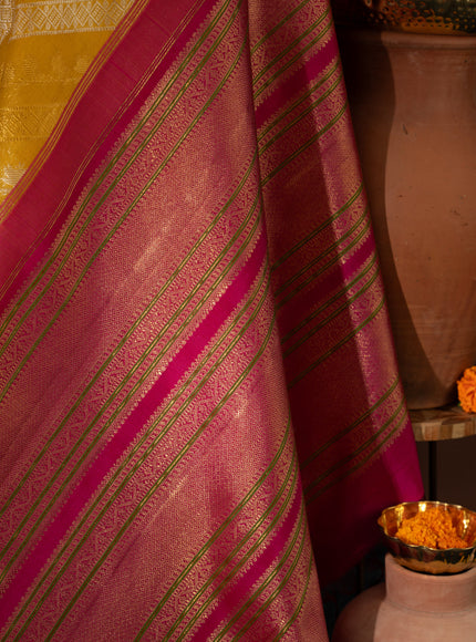 Yellow & Pink Kanchipuram Silk Saree With Silver & Gold Alternative Zari