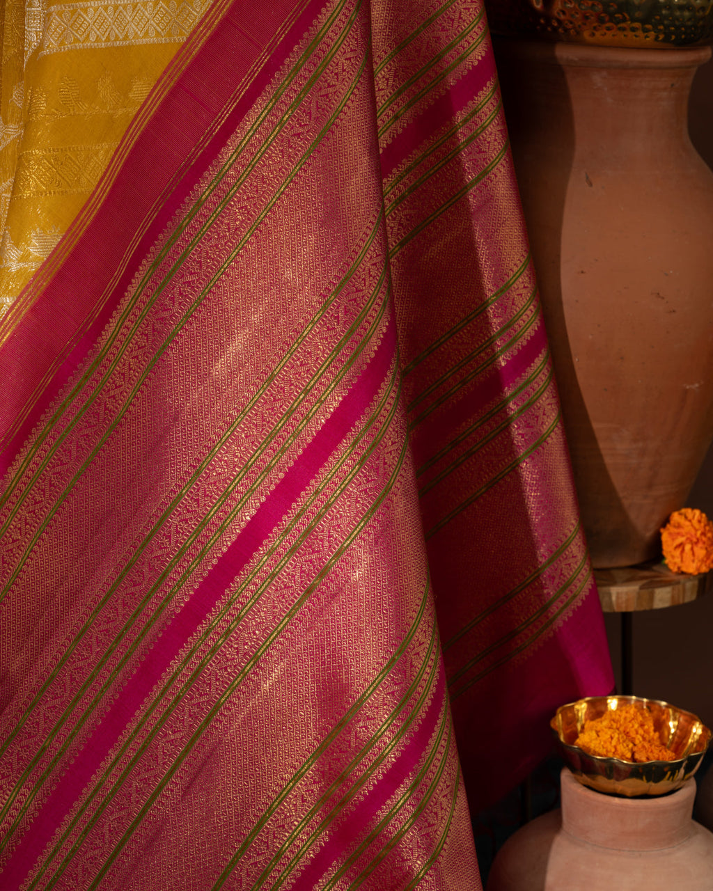Yellow & Pink Kanchipuram Silk Saree With Silver & Gold Alternative Zari