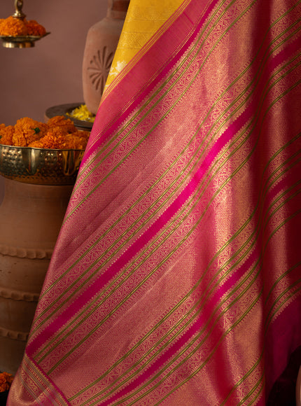 Yellow & Pink Kanchipuram Silk Saree With Silver & Gold Alternative Zari