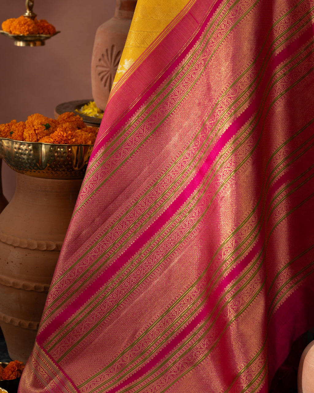 Yellow & Pink Kanchipuram Silk Saree With Silver & Gold Alternative Zari