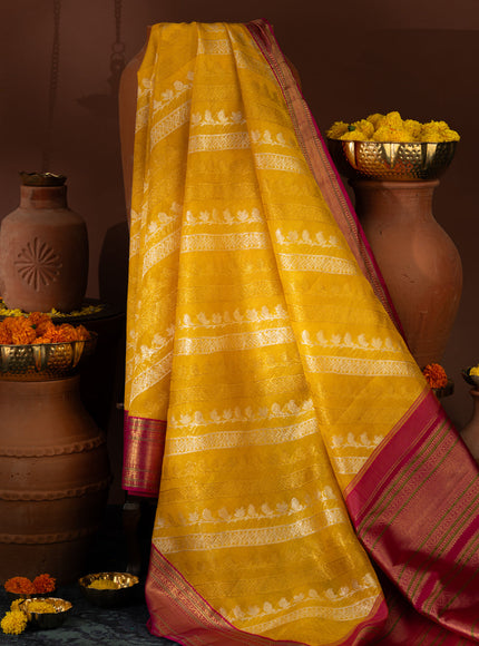 Yellow & Pink Kanchipuram Silk Saree With Silver & Gold Alternative Zari