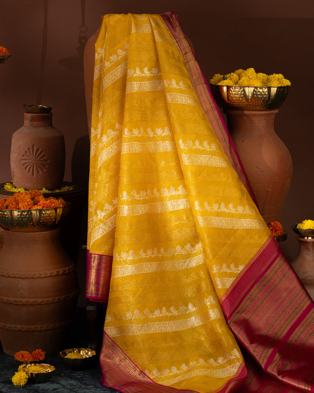 Yellow & Pink Kanchipuram Silk Saree With Silver & Gold Alternative Zari