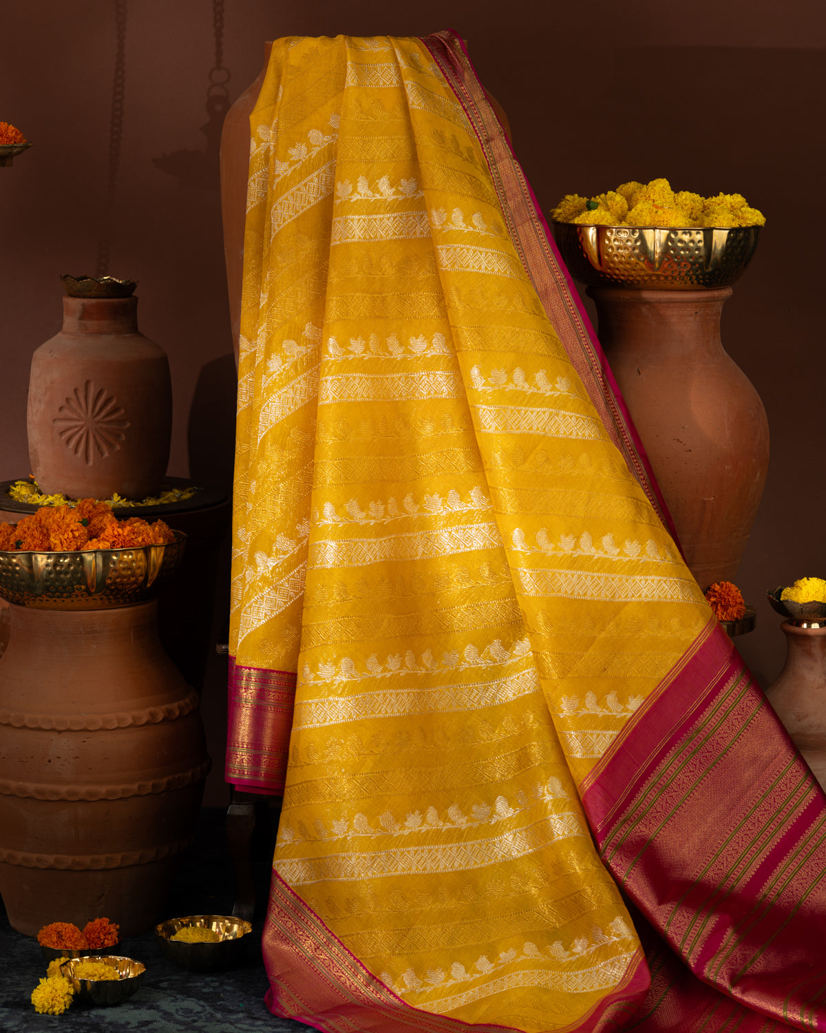 Yellow & Pink Kanchipuram Silk Saree With Silver & Gold Alternative Zari