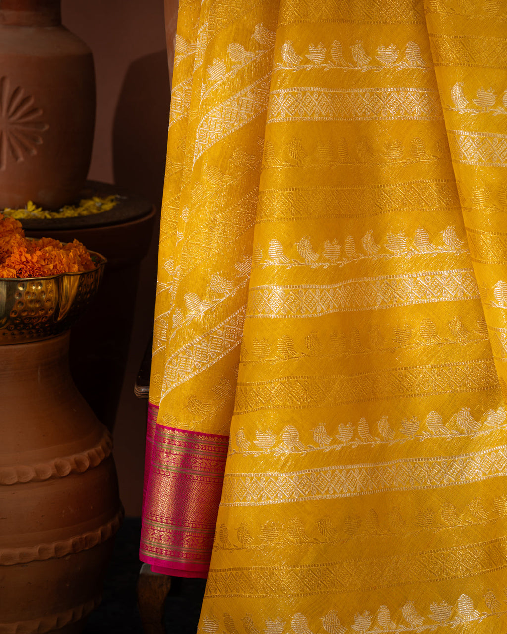 Yellow & Pink Kanchipuram Silk Saree With Silver & Gold Alternative Zari