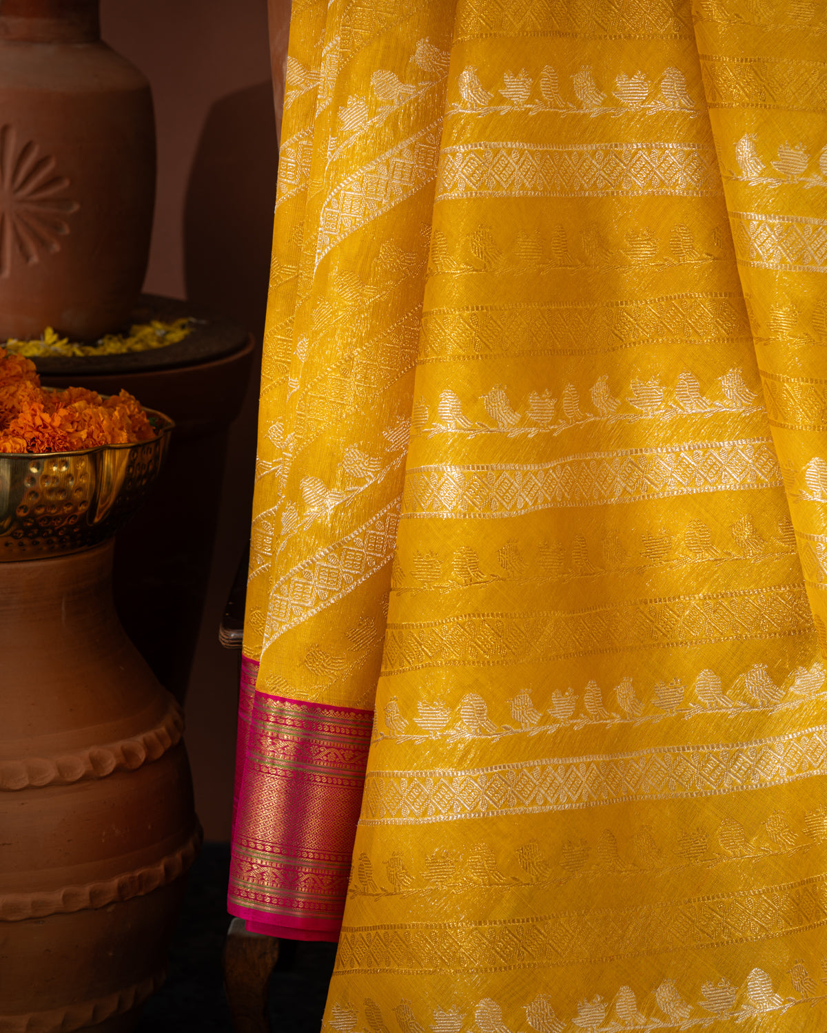 Yellow & Pink Kanchipuram Silk Saree With Silver & Gold Alternative Zari