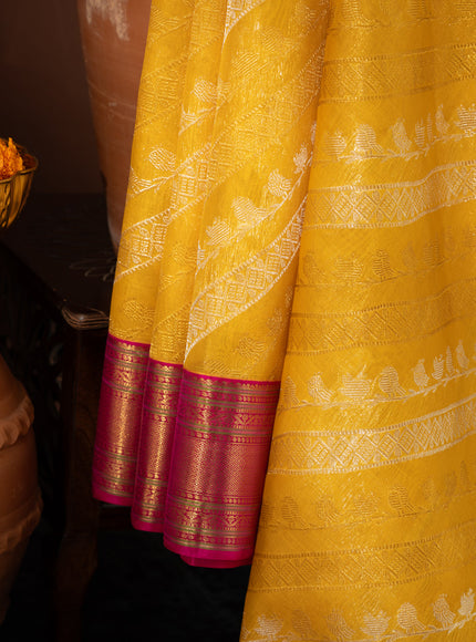 Yellow & Pink Kanchipuram Silk Saree With Silver & Gold Alternative Zari