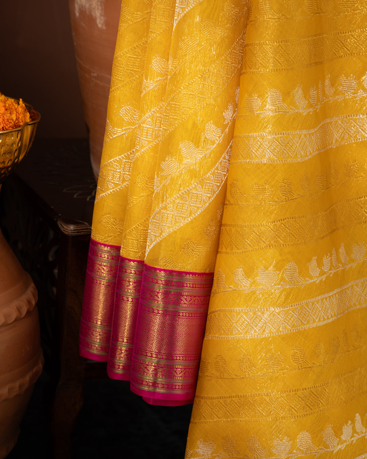 Yellow & Pink Kanchipuram Silk Saree With Silver & Gold Alternative Zari