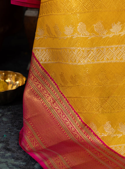 Yellow & Pink Kanchipuram Silk Saree With Silver & Gold Alternative Zari