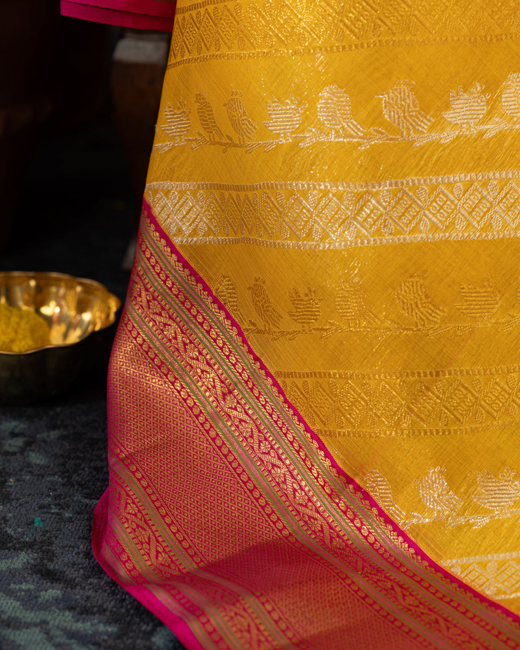 Yellow & Pink Kanchipuram Silk Saree With Silver & Gold Alternative Zari