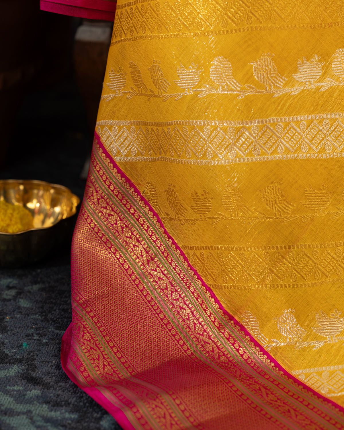 Yellow & Pink Kanchipuram Silk Saree With Silver & Gold Alternative Zari