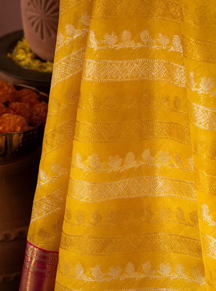 Yellow & Pink Kanchipuram Silk Saree With Silver & Gold Alternative Zari