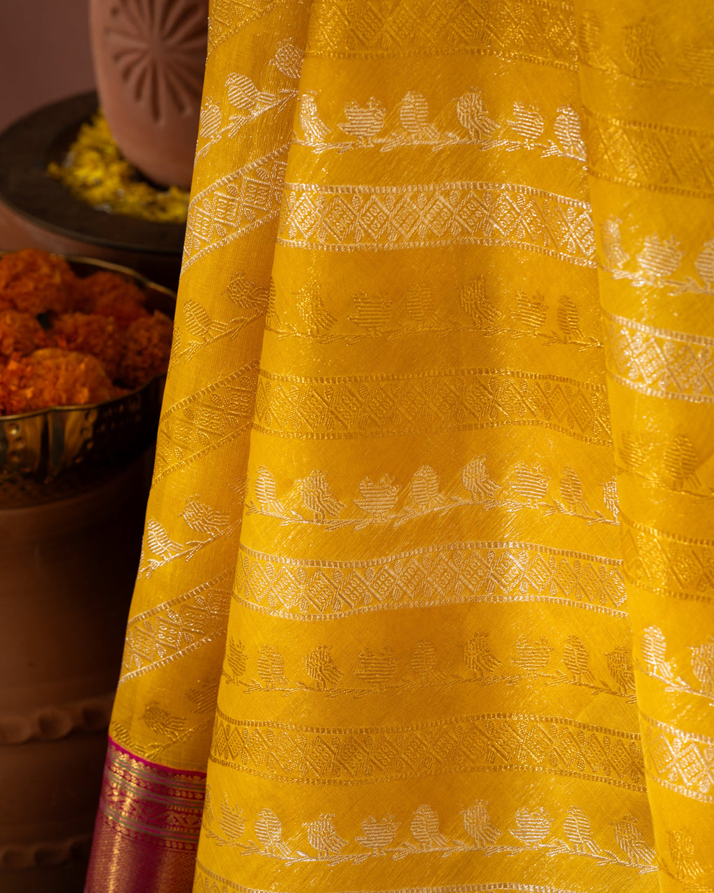 Yellow & Pink Kanchipuram Silk Saree With Silver & Gold Alternative Zari