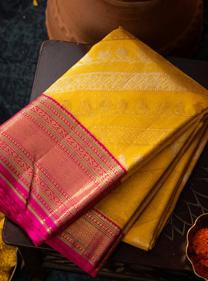 Yellow & Pink Kanchipuram Silk Saree With Silver & Gold Alternative Zari