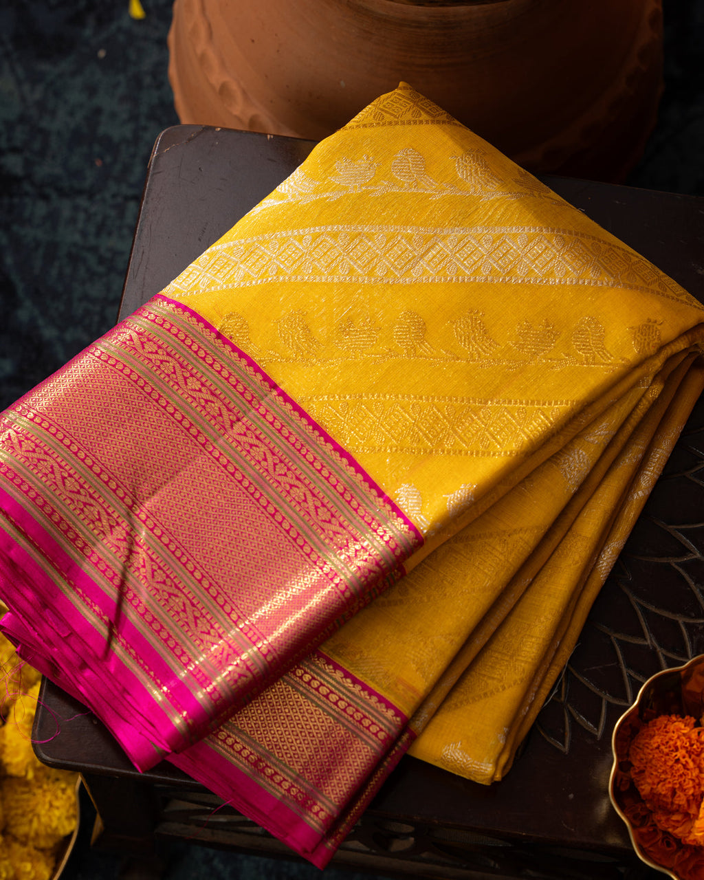 Yellow & Pink Kanchipuram Silk Saree With Silver & Gold Alternative Zari