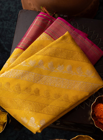Yellow & Pink Kanchipuram Silk Saree With Silver & Gold Alternative Zari