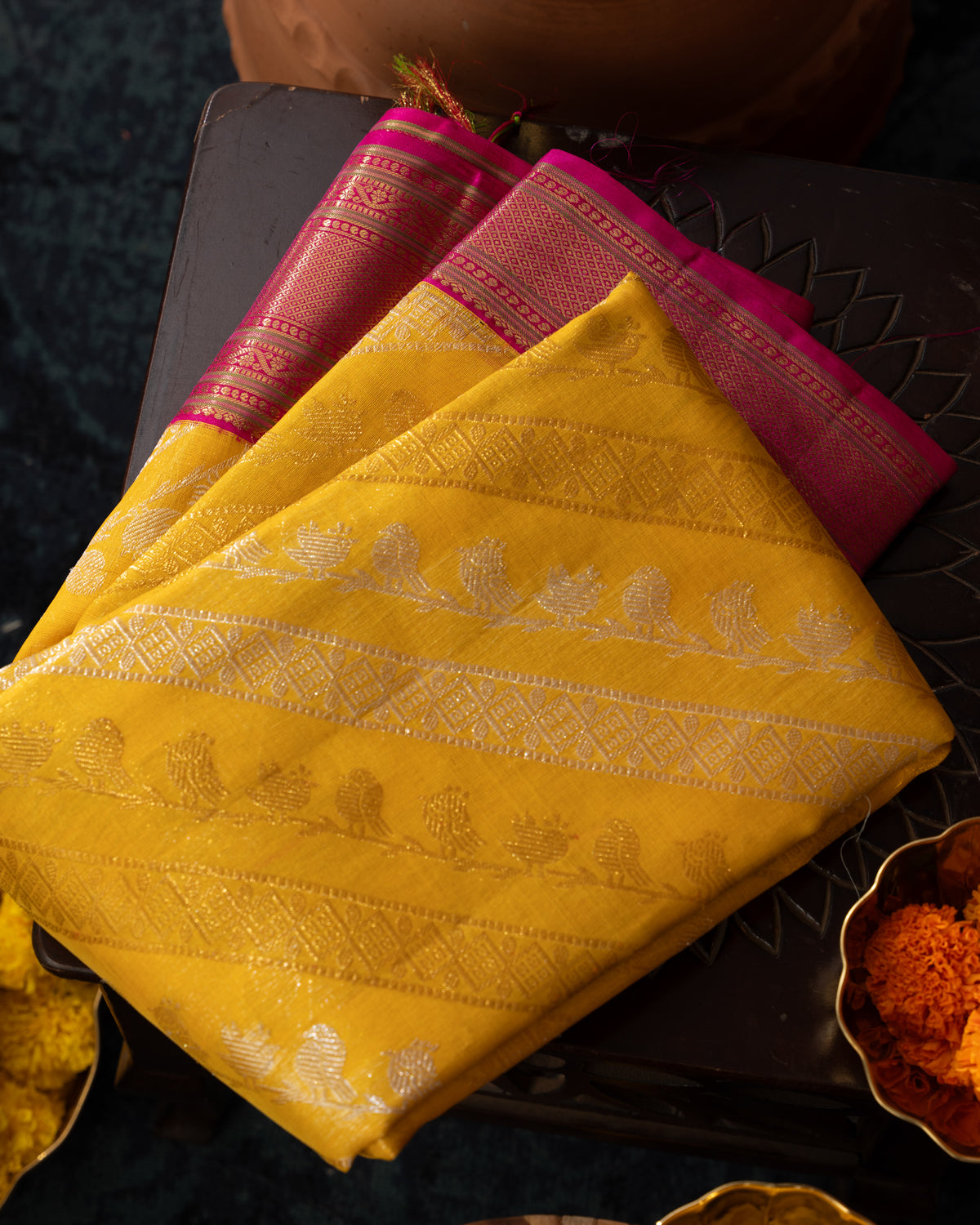 Yellow & Pink Kanchipuram Silk Saree With Silver & Gold Alternative Zari