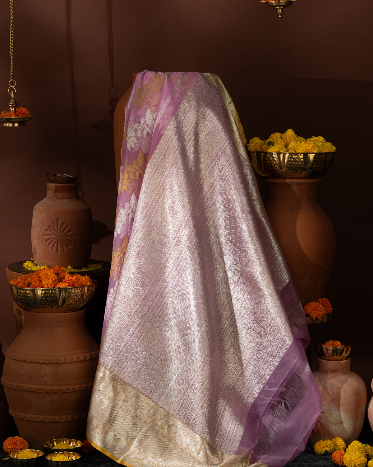 Lotus Pink Kanchipuram Silk Saree With Silver & Gold Alternative Zari