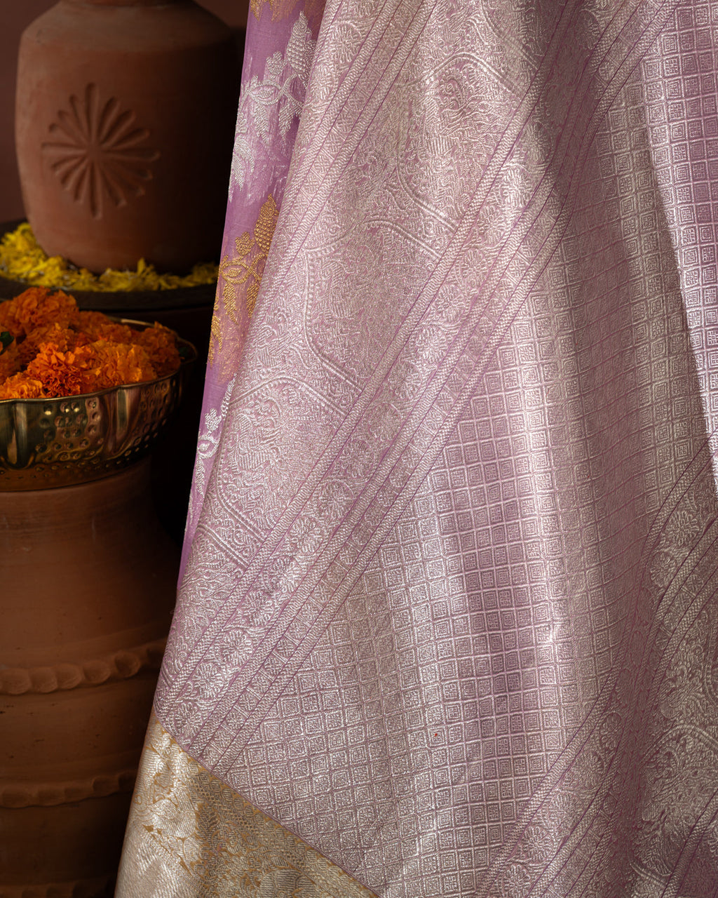Lotus Pink Kanchipuram Silk Saree With Silver & Gold Alternative Zari