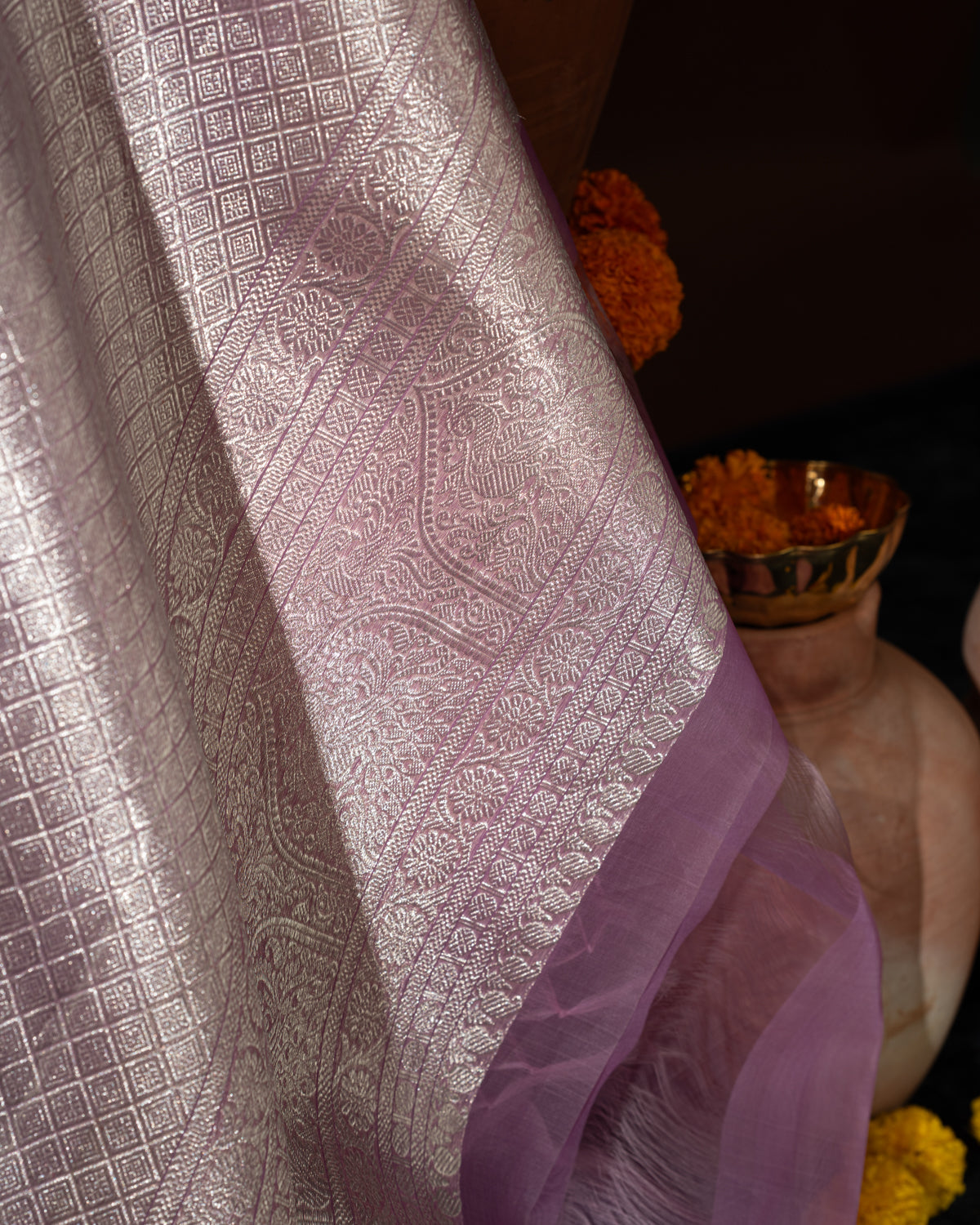 Lotus Pink Kanchipuram Silk Saree With Silver & Gold Alternative Zari