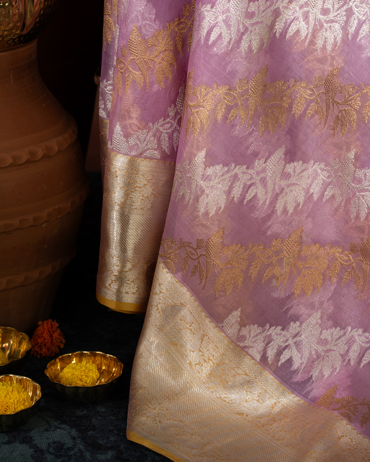 Lotus Pink Kanchipuram Silk Saree With Silver & Gold Alternative Zari