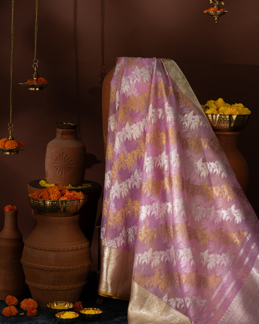 Lotus Pink Kanchipuram Silk Saree With Silver & Gold Alternative Zari