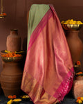 Pastel Green & Pink Kanchipuram Silk Saree With Checks & Buttas
