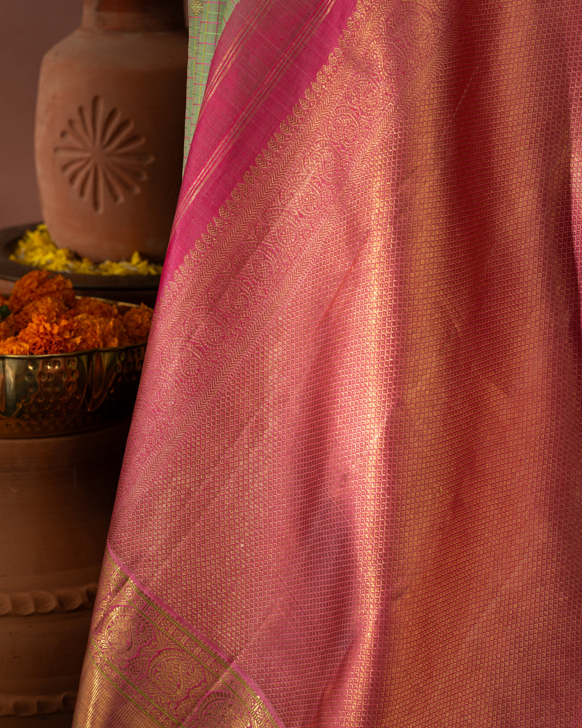 Pastel Green & Pink Kanchipuram Silk Saree With Checks & Buttas