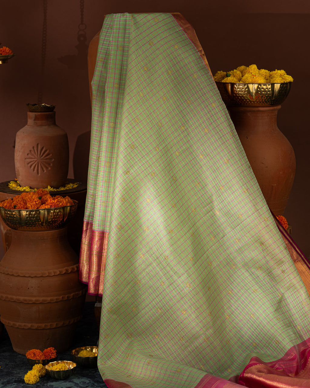 Pastel Green & Pink Kanchipuram Silk Saree With Checks & Buttas