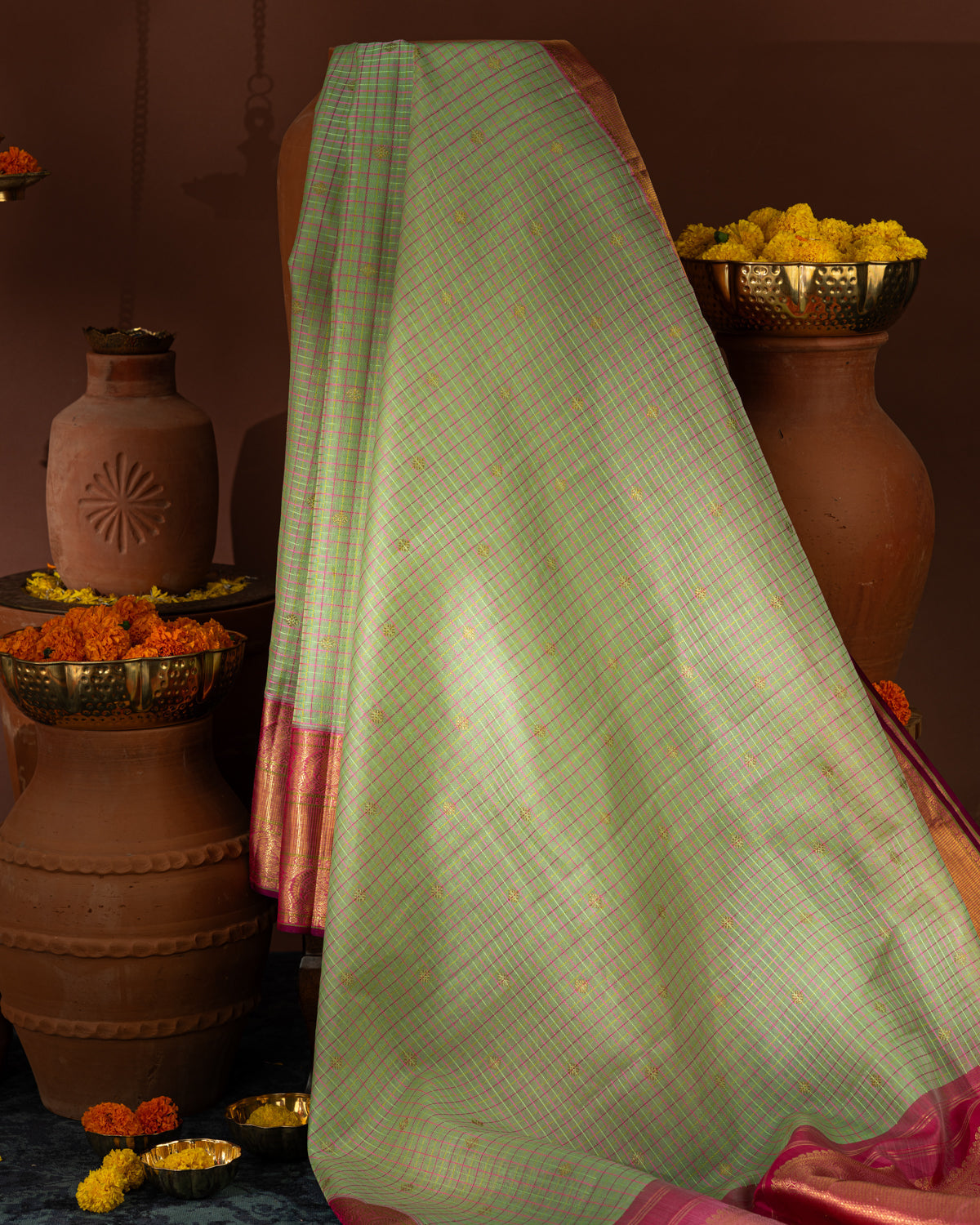 Pastel Green & Pink Kanchipuram Silk Saree With Checks & Buttas