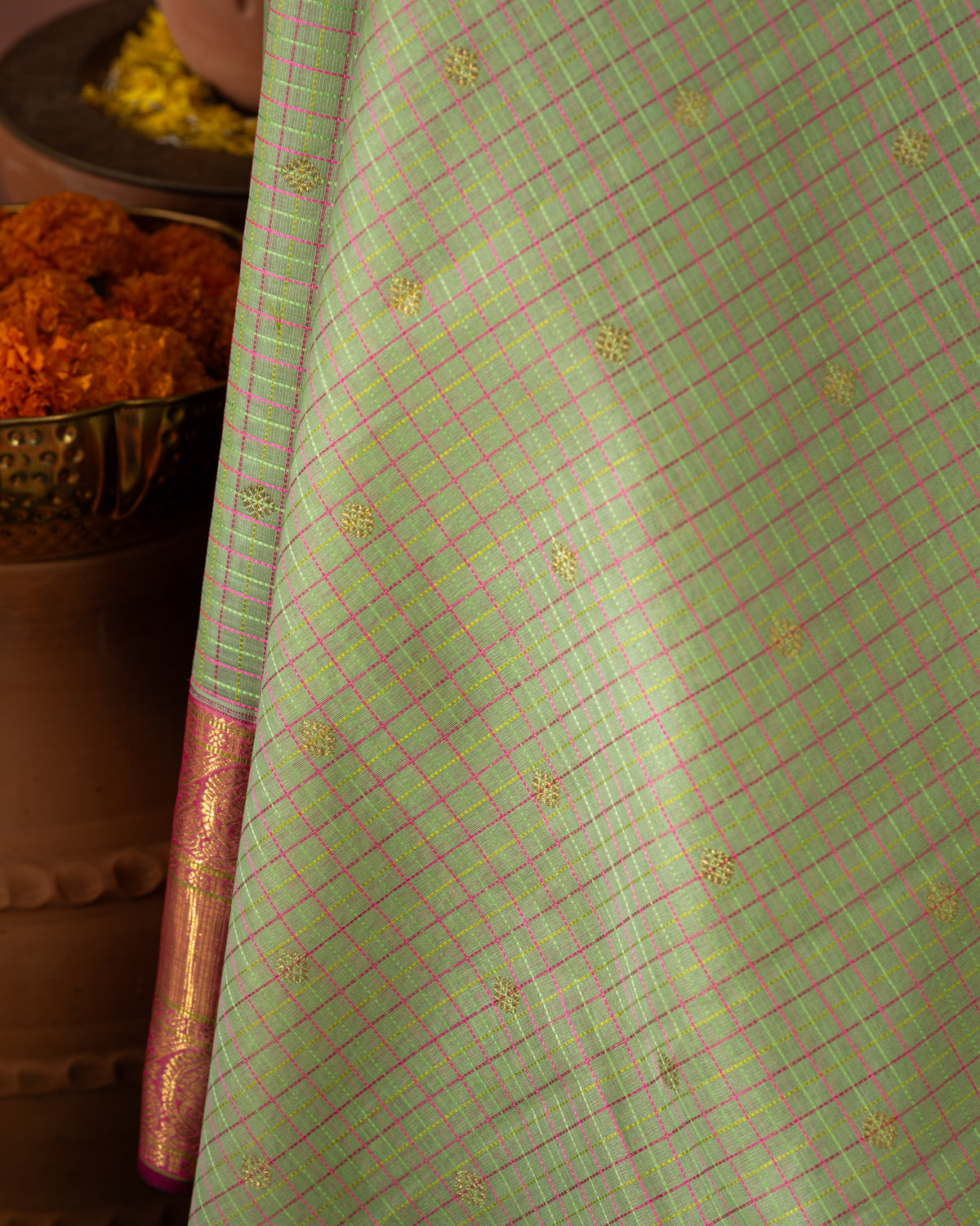 Pastel Green & Pink Kanchipuram Silk Saree With Checks & Buttas