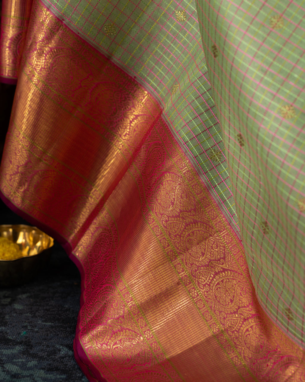Pastel Green & Pink Kanchipuram Silk Saree With Checks & Buttas