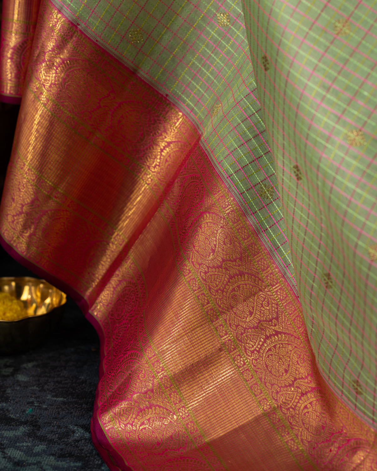 Pastel Green & Pink Kanchipuram Silk Saree With Checks & Buttas